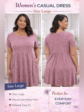 Huhot Mauve Printed Dress LARGE WITH POCKETS pit to pit 18in length 39in